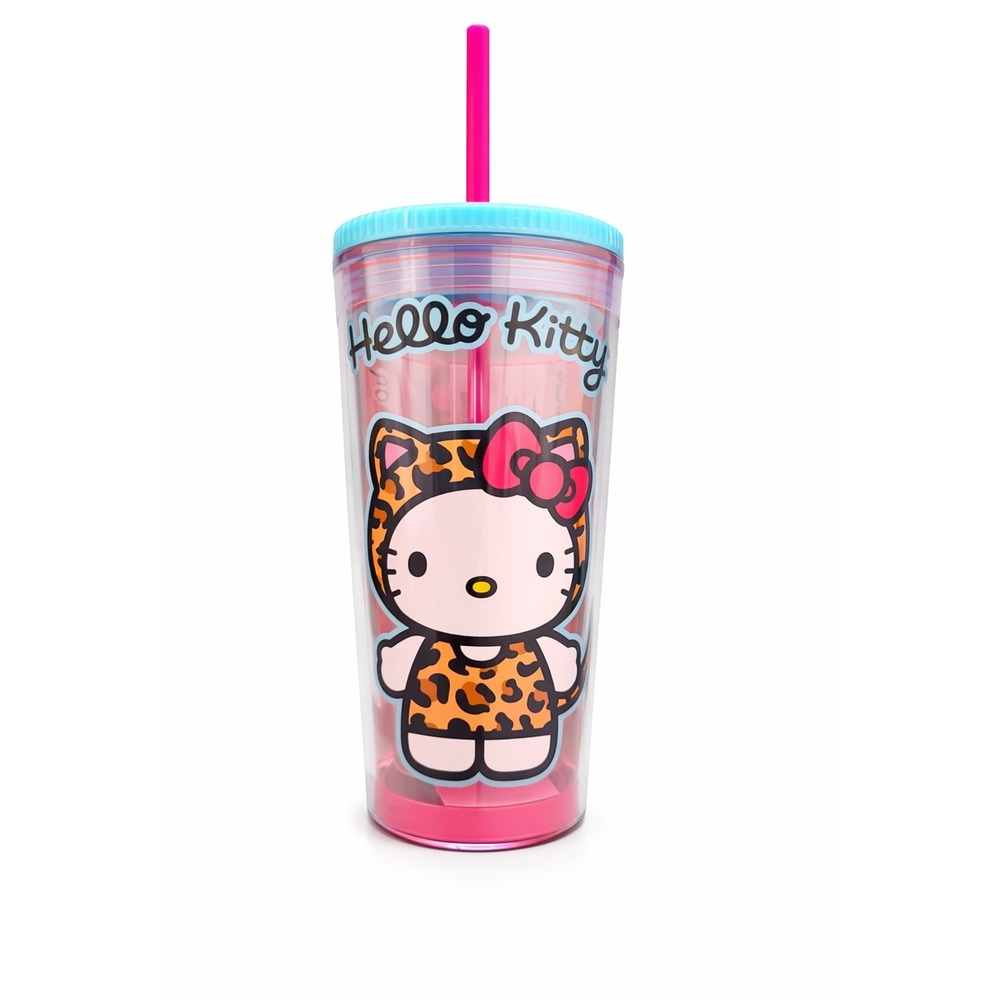 Hello Kitty Leopard Outfit Plastic Tumbler Cup Lid‎ Straw Sanrio Pink